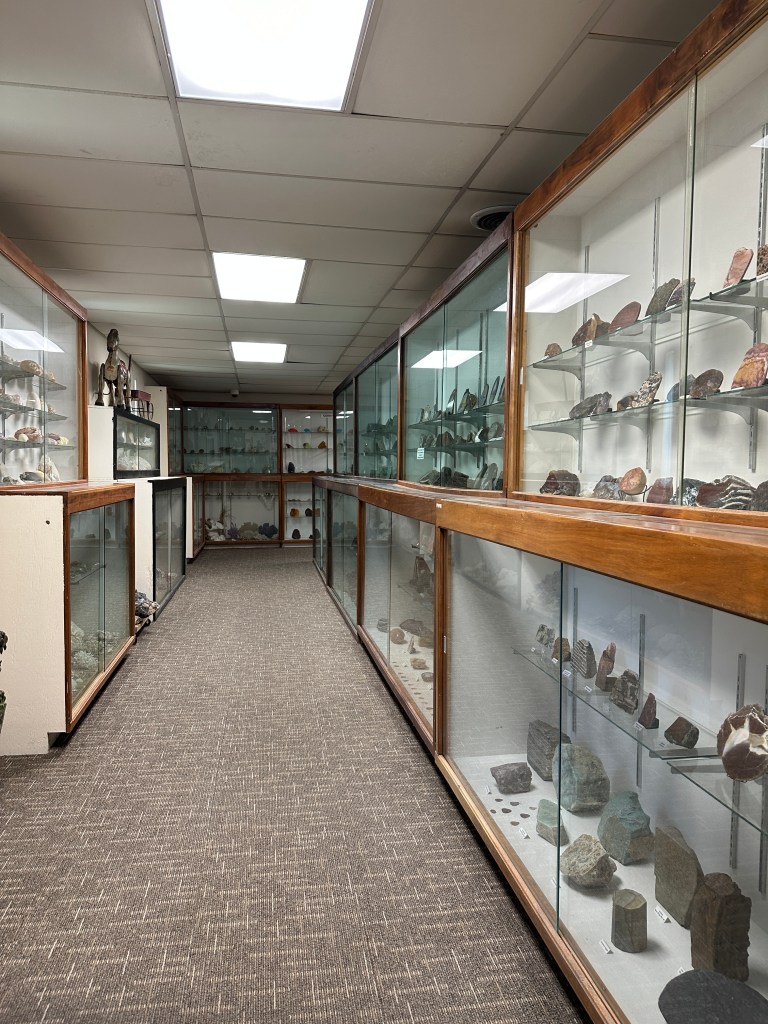 Interior view of the D.W. Correll Museum showcasing display cases filled with various rocks, fossils, and minerals along a well-lit hallway.