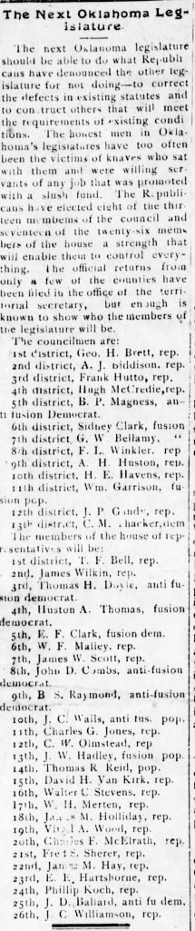 A historical newspaper article detailing the next Oklahoma legislature with lists of representatives from various districts, indicating party affiliations, such as Republican, fusion Democrat, and anti-fusion Democrat.