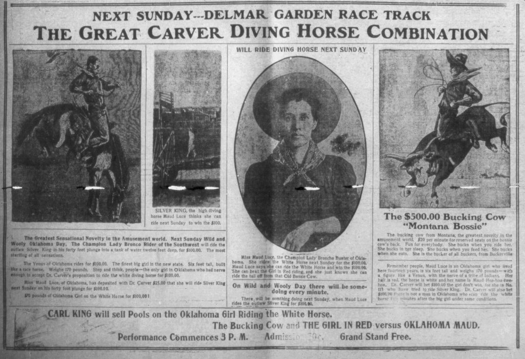 A vintage newspaper advertisement promoting events at Delmar Garden, featuring illustrations of horse riding and diving performances, along with details about a bucking cow and a performance by Maud Luce, the champion lady bronco rider.