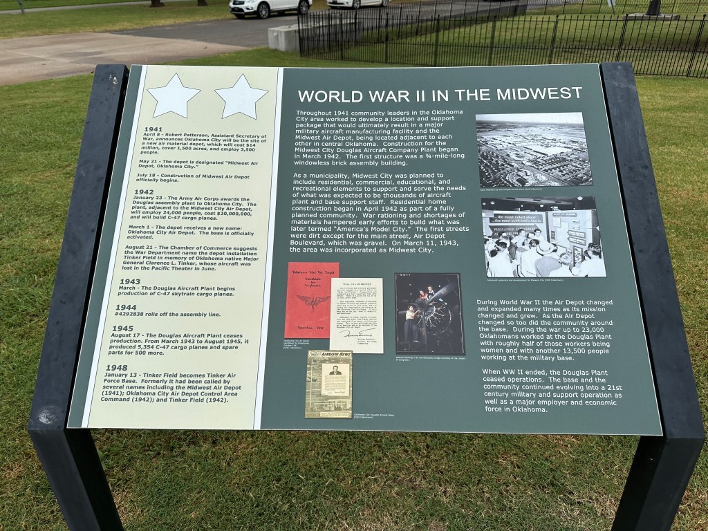 A historical informational sign detailing the development of World War II in the Midwest, specifically focusing on the establishment and operations of the Midwest Air Depot in Oklahoma City from 1941 to 1948.