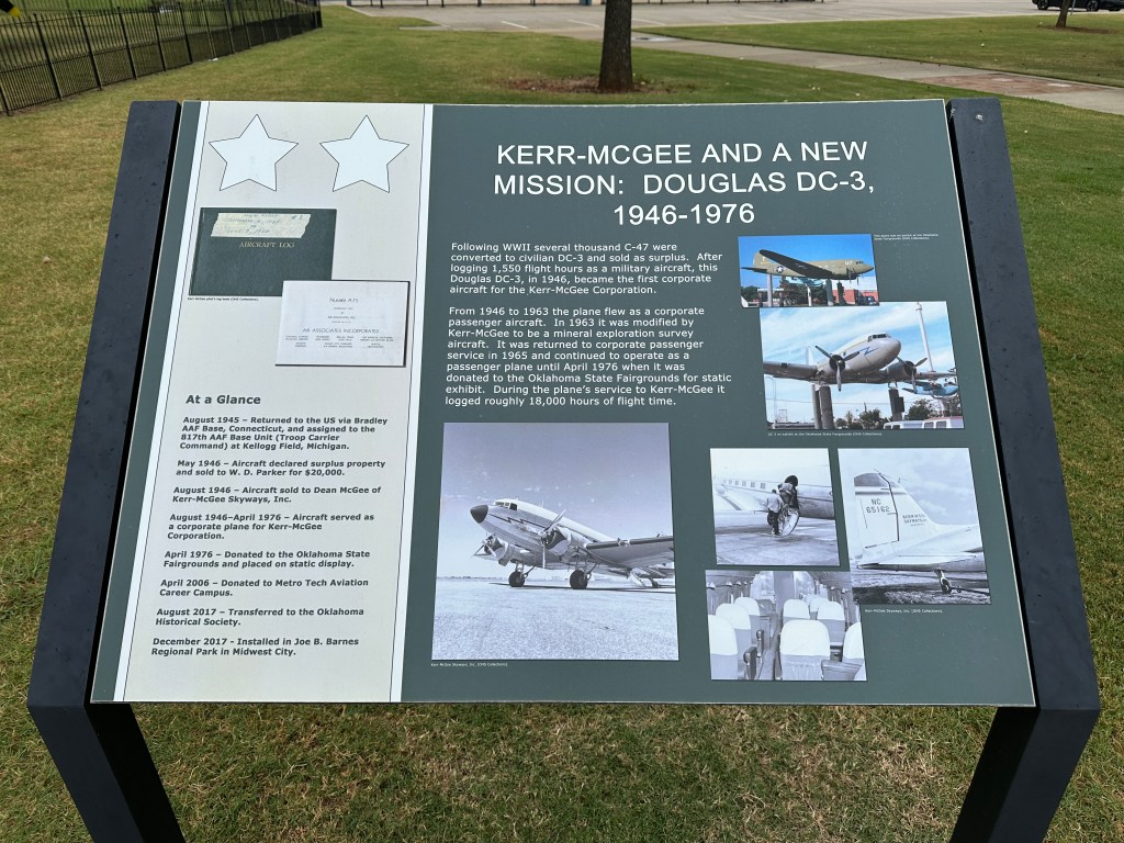 Historical marker about the Douglas DC-3 aircraft used by Kerr-McGee Corporation from 1946 to 1976, detailing its service and donations.