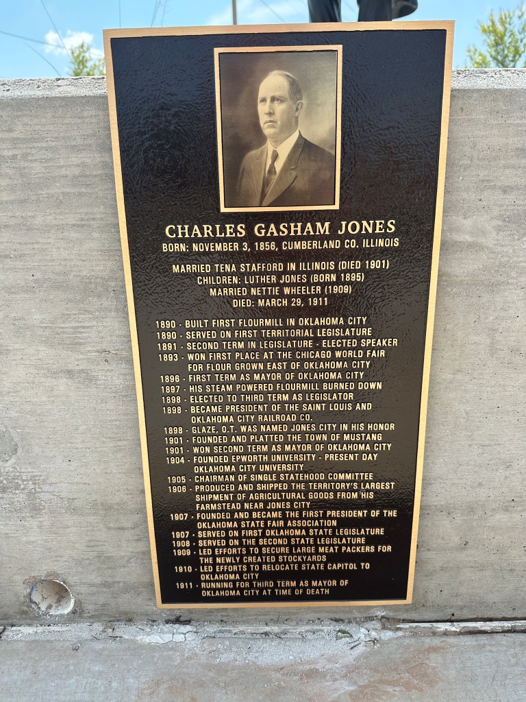 Plaque commemorating Charles Gasham Jones, detailing his biography and accomplishments, including his roles in Oklahoma City as a founding figure and mayor.
