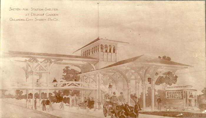 Sketch of the station shelter at Delmar Garden in Oklahoma City, featuring a design with various people, horses, and a streetcar.