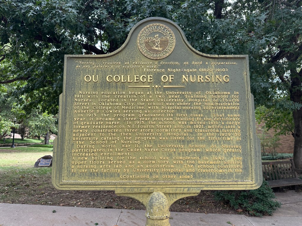 Historic marker for the OU College of Nursing, detailing the history of nursing education at the University of Oklahoma.