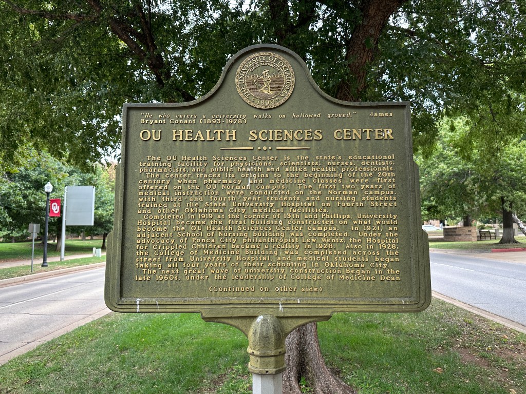 Historic marker detailing the OU Health Sciences Center, located on the University of Oklahoma Health Sciences Campus.