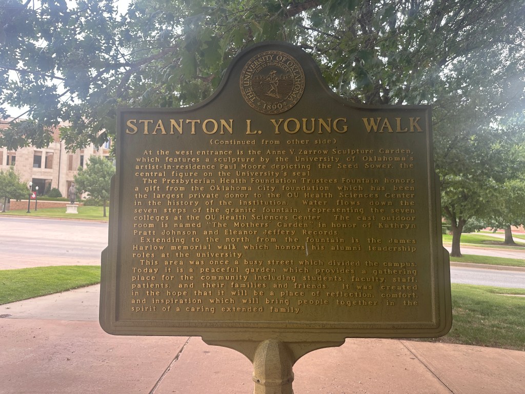 Historic marker for Stanton L. Young Walk, highlighting its significance and design elements at the University of Oklahoma Health Sciences Center.