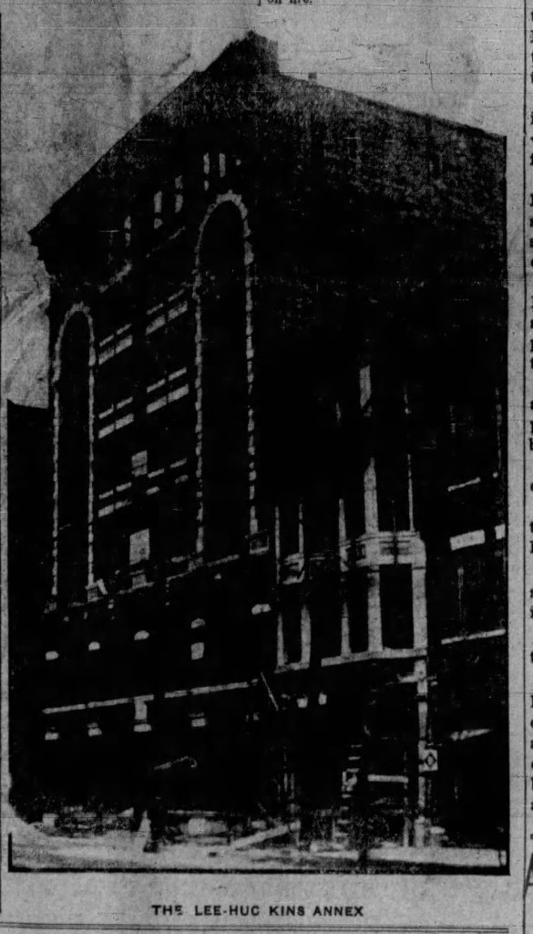 Historical photograph of the Lee-Huckins Hotel annex, showcasing its architectural details and structure.