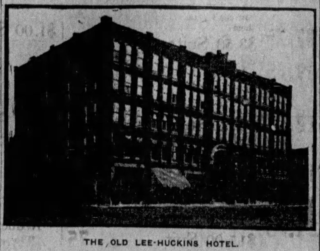 Historic photograph of the old Lee-Huckins Hotel, showcasing its iconic architecture.