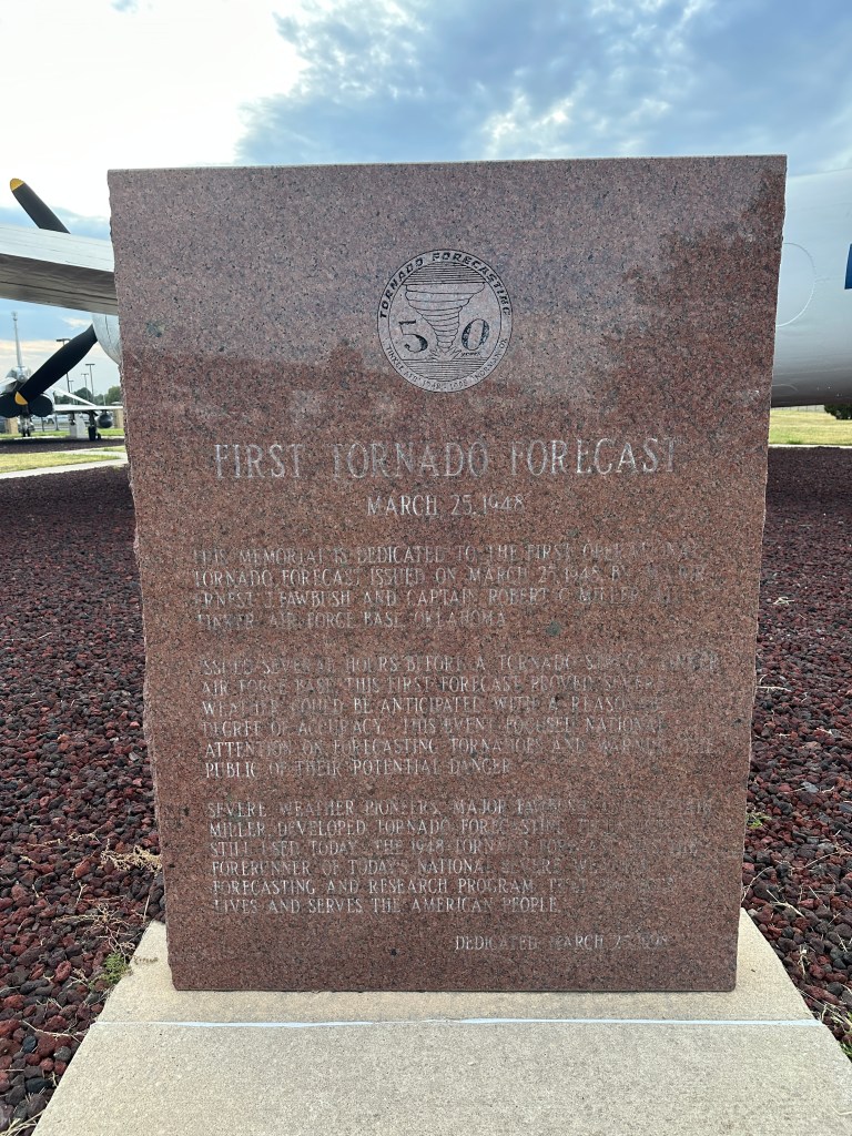 Stone memorial marking the first tornado forecast issued on March 25, 1948, at Tinker Air Force Base, Oklahoma. The monument honors Major Ernest J. Fawbush and Captain Robert C. Miller for their pioneering work in tornado forecasting.