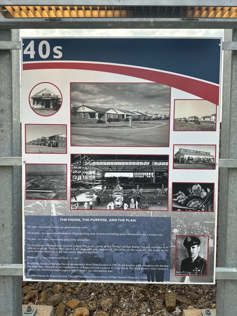 Historical display about the 1940s, featuring black and white photographs of buildings and events, showcasing the vision and purpose of Midwest Air Depot.