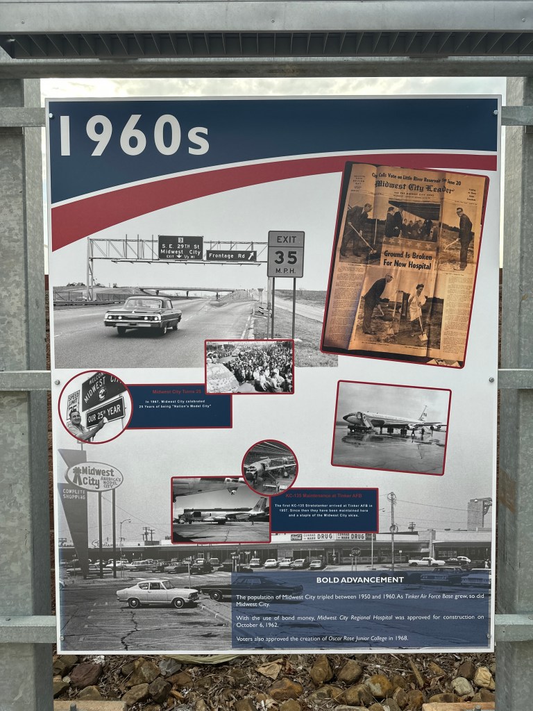 Historic sign marking the 1960s in Midwest City, featuring photos and information about local developments, including a vintage car, newspaper clipping, and military aircraft.