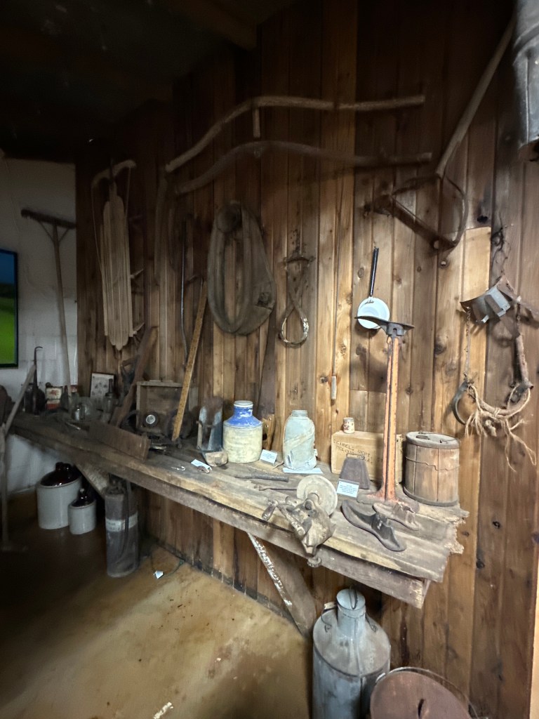 An exhibit inside the McLoud Historical Society Museum showcasing various historical tools and artifacts displayed on a wooden shelf against a wooden wall.