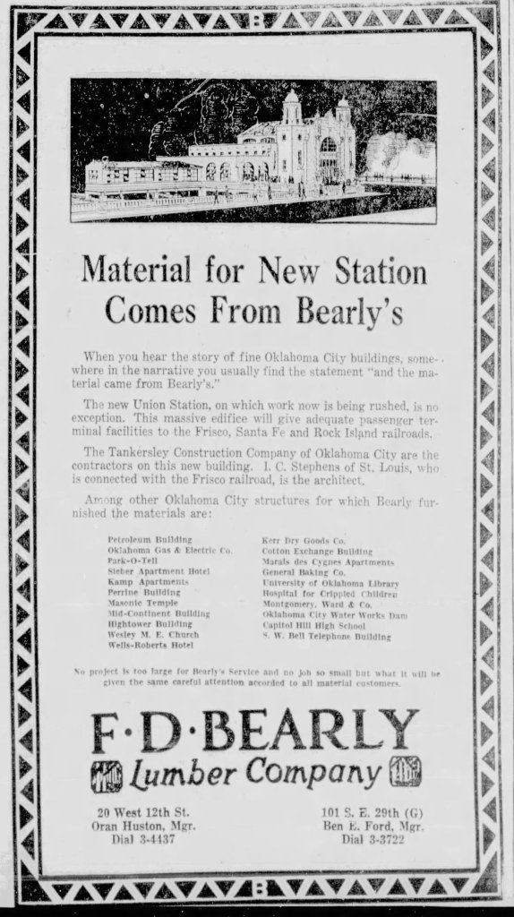 Black and white newspaper advertisement announcing materials for the new Oklahoma City Union Station sourced from Bearly's lumber company.