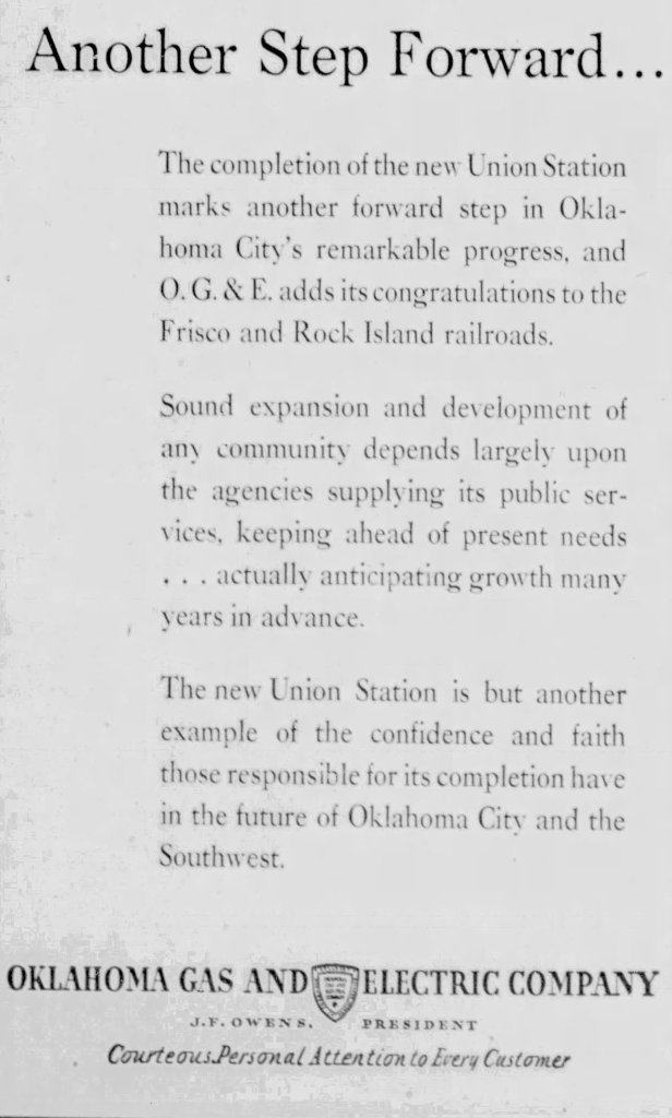 A newspaper clipping announcing the completion of the new Union Station in Oklahoma City, highlighting its significance for the city's progress and community development.