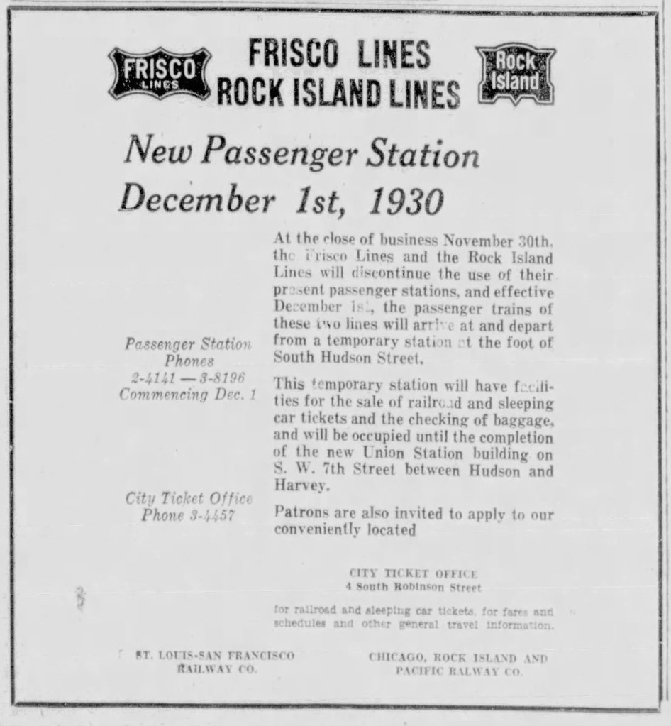 Newspaper advertisement announcing the new passenger station for Frisco Lines and Rock Island Lines, effective December 1, 1930.