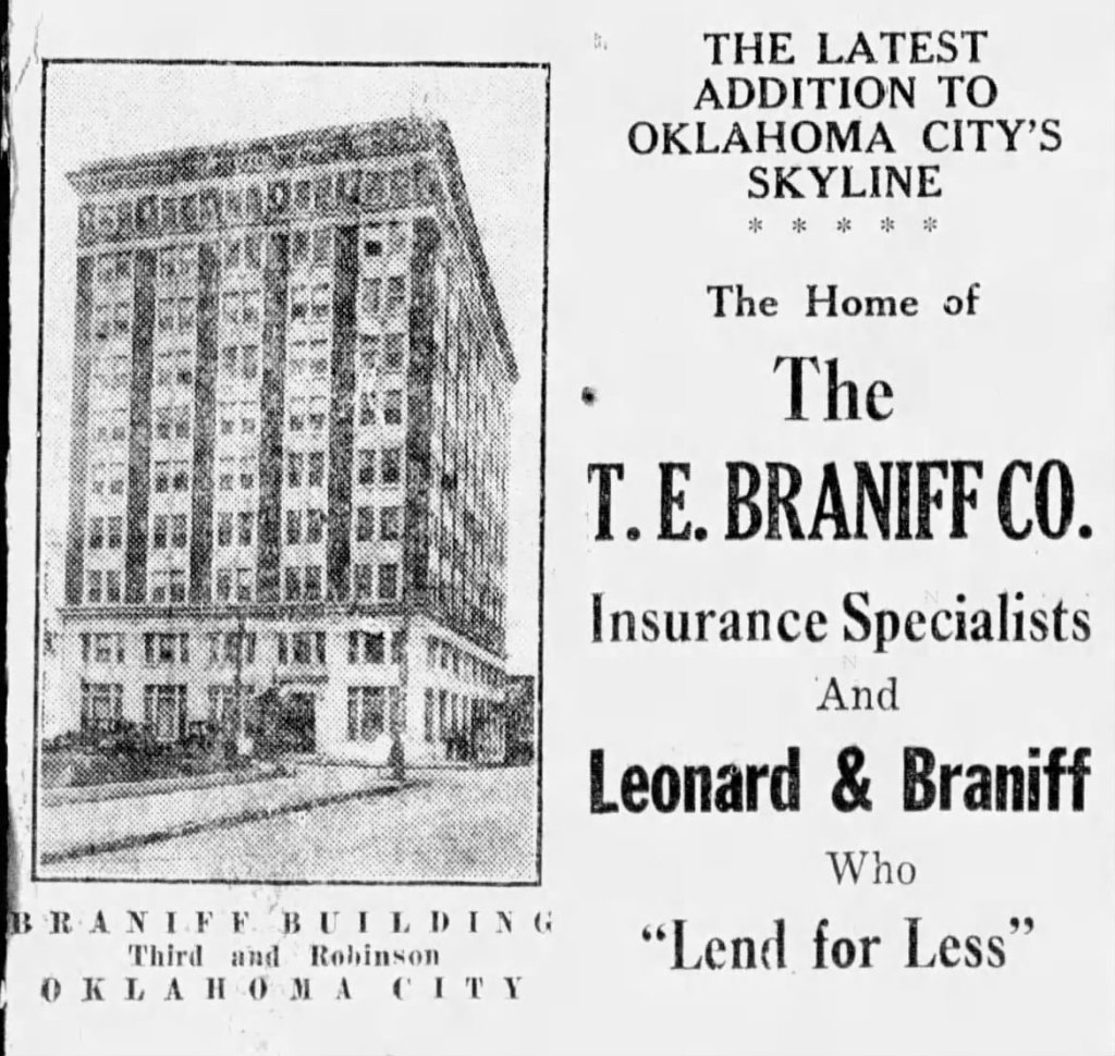Image of the Braniff Building in Oklahoma City, showcasing its architecture. The building is presented alongside text promoting the T.E. Braniff Company and Leonard & Braniff as insurance specialists.