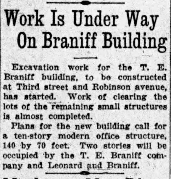 Newspaper article announcing the start of excavation for the T. E. Braniff building at Third Street and Robinson Avenue, detailing plans for a ten-story office structure.