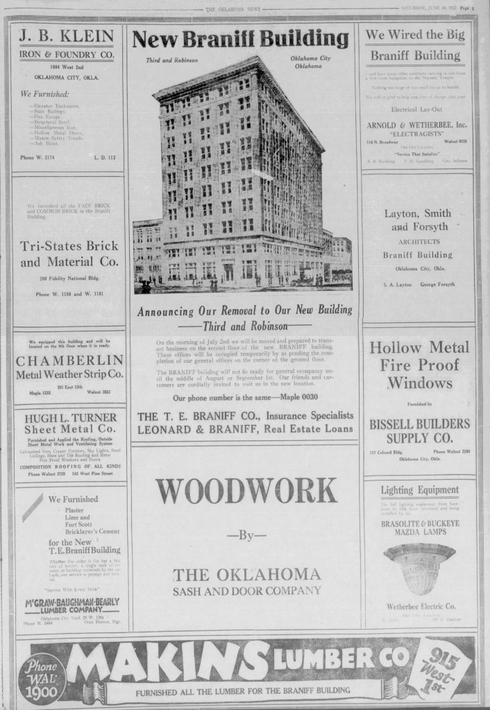Black and white newspaper advertisement featuring the New Braniff Building in Oklahoma City, with information about various companies involved in its construction and services offered.