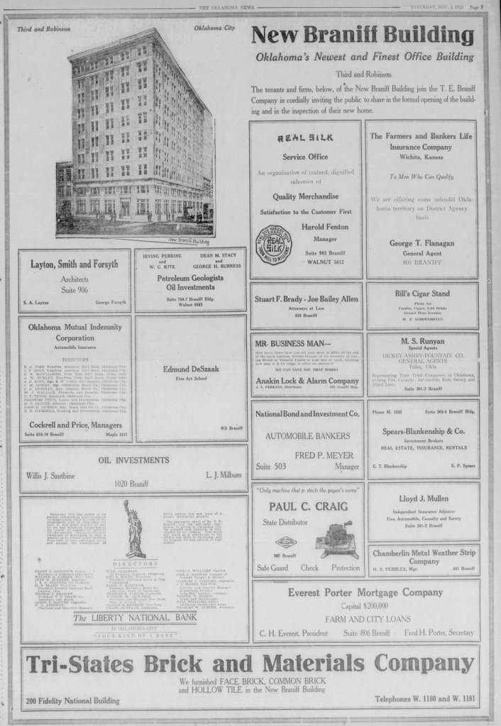 New Braniff Building advertisement featuring architectural details, names of various businesses, and descriptions of services offered in Oklahoma City.