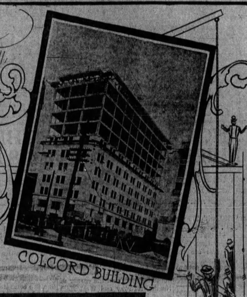 Drawing of the Colcord Building, a multi-story structure with a mix of architectural styles, surrounded by illustrations of construction workers.