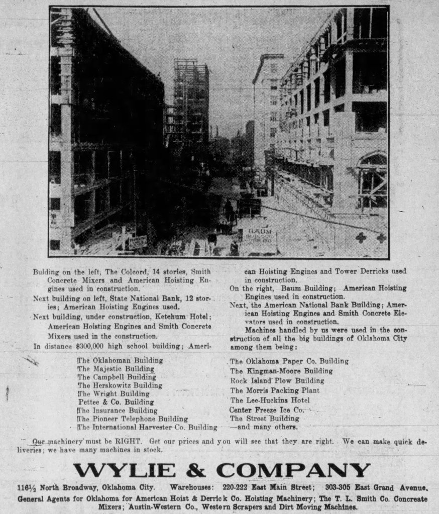 Historical image showing construction sites in Oklahoma City, featuring the Coloerd building, State National Bank, and Baum Building. Advertisements for Wylie & Company highlight various construction machinery used.