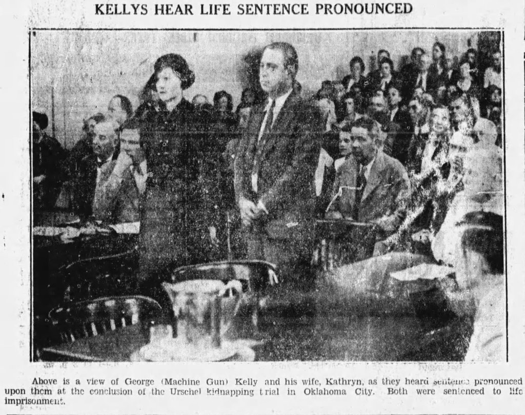Historical photograph of George 'Machine Gun' Kelly and his wife, Kathryn, standing in court as they receive life sentences for their roles in the Urschel kidnapping trial in Oklahoma City.