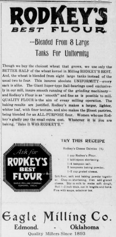 Historical newspaper advertisement for Rodkey's Best Flour, highlighting its quality and usage in baking recipes.