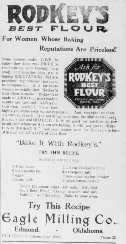 Advertisement for Rodkey's Best Flour featuring recipe instructions and promotional text emphasizing the flour's quality for baking.
