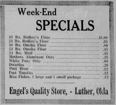 A vintage newspaper advertisement listing weekend specials for Rodkey's Flour and other products, formatted in a classic layout.