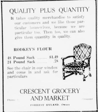 Newspaper advertisement for Rodkey's Flour, promoting quality and pricing for different sack sizes, displayed alongside an ornate chair.