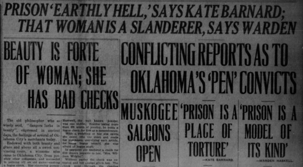 A newspaper headline discussing Kate Barnard's views on prison conditions, beauty standards for women, and conflicting reports about Oklahoma's convicts.