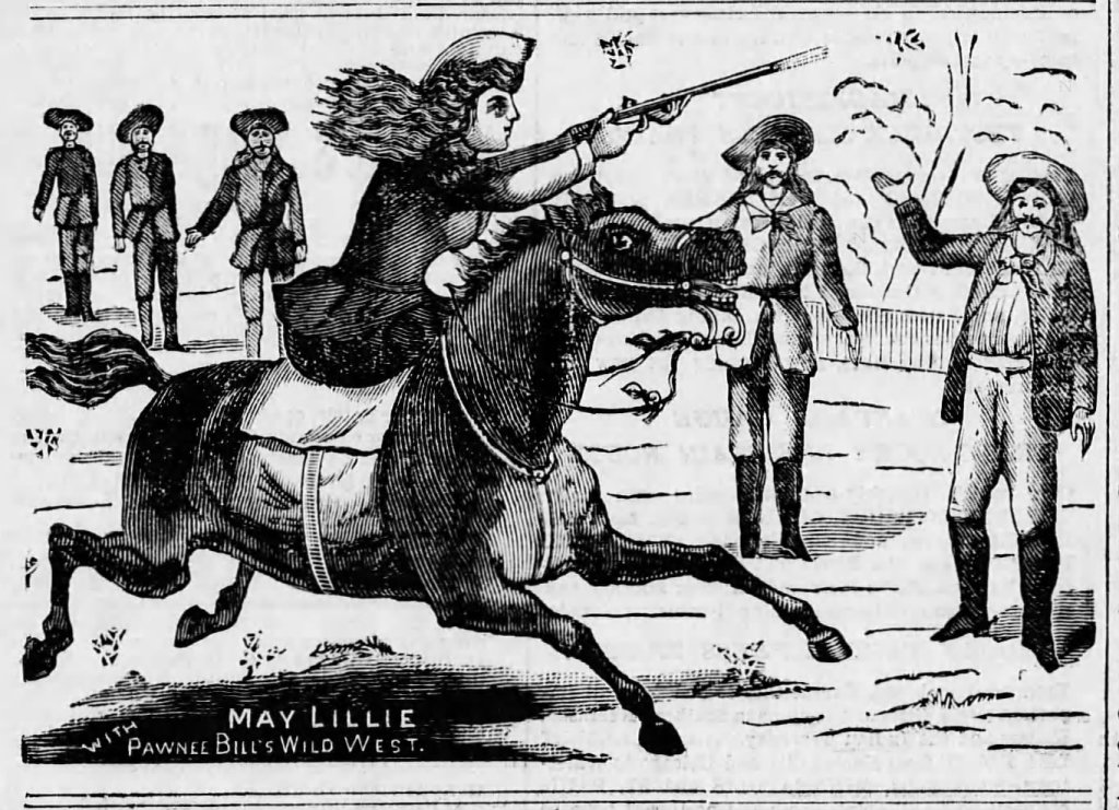 An illustration of May Lillie performing on horseback while holding a rifle, with spectators observing in the background, representing Pawnee Bill's Wild West show.