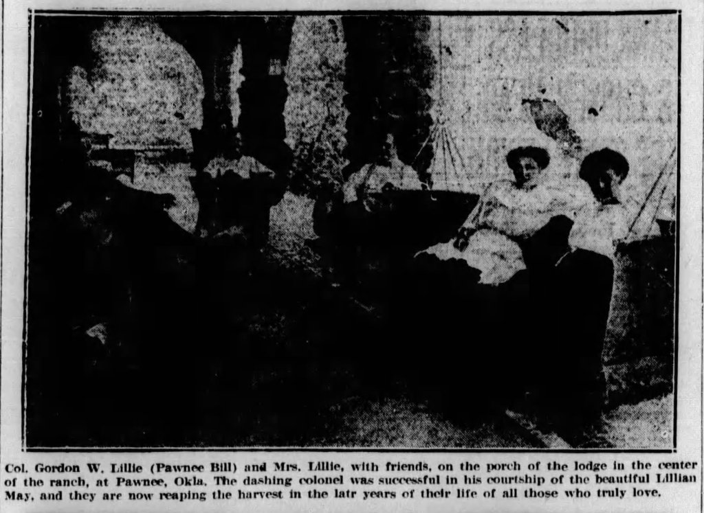 Colonel Gordon W. Lillie (Pawnee Bill), Mrs. Lillie, and friends sitting on the porch of a lodge at their ranch in Pawnee, Oklahoma.