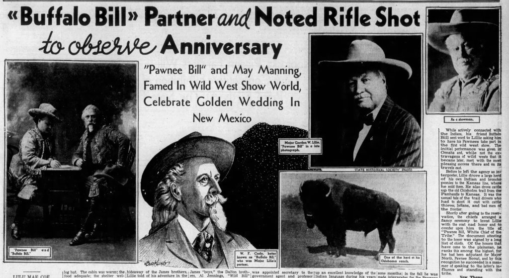 "Buffalo Bill" Partner and Noted Rifle Shot to Observe Anniversary article featuring images of Pawnee Bill, May Manning, and a buffalo. The article discusses their celebration of a golden wedding in New Mexico.