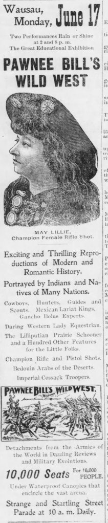 Vintage advertisement for Pawnee Bill's Wild West show, featuring an illustration of a woman in a cowboy hat and a description of the performances, including cowboys, Indians, and various acts. Contains details about the date, location, and seating capacity.