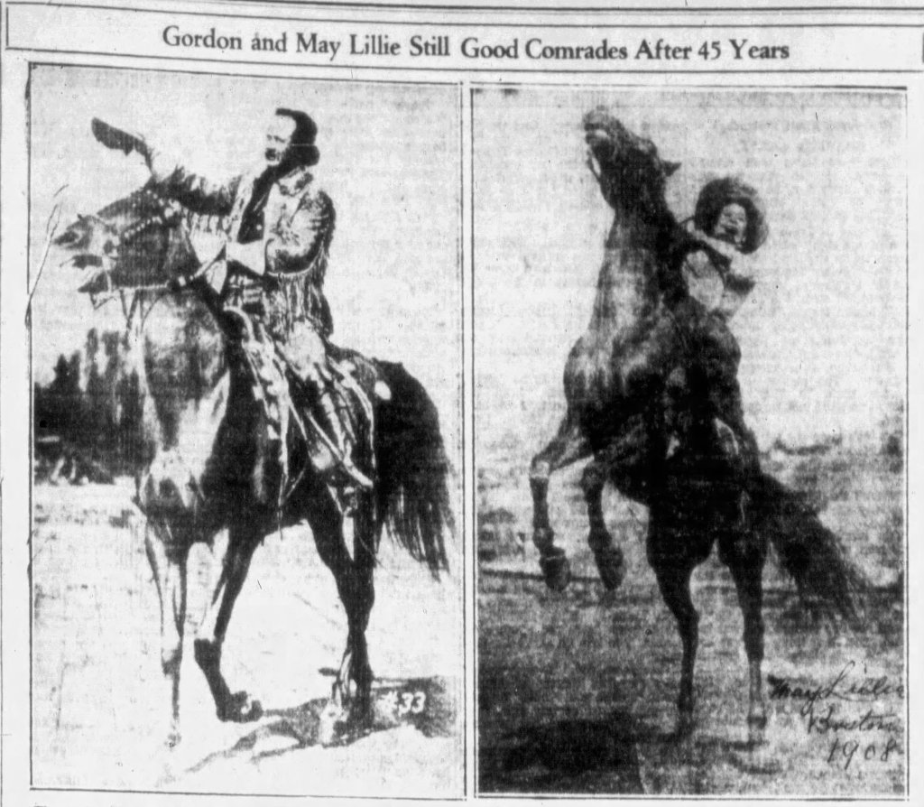 Black and white image showing two historic photographs side by side. The left photo features a man on a horse, dressed in a fringed coat and raising his hand. The right photo depicts a woman on a rearing horse, showcasing an equestrian skill, with a date and signature on the bottom.