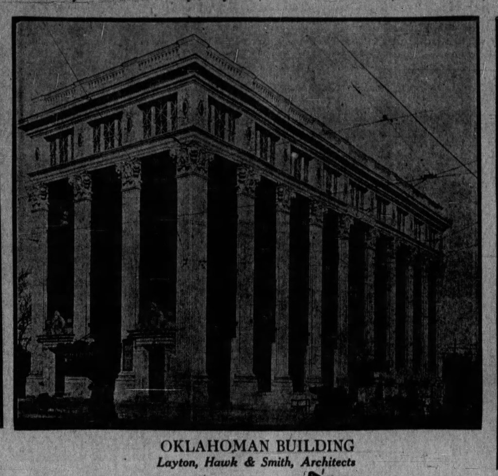 Photograph of the Oklahoman Building, designed by Layton, Hawk & Smith, showcasing classical architecture with tall columns and a detailed facade.