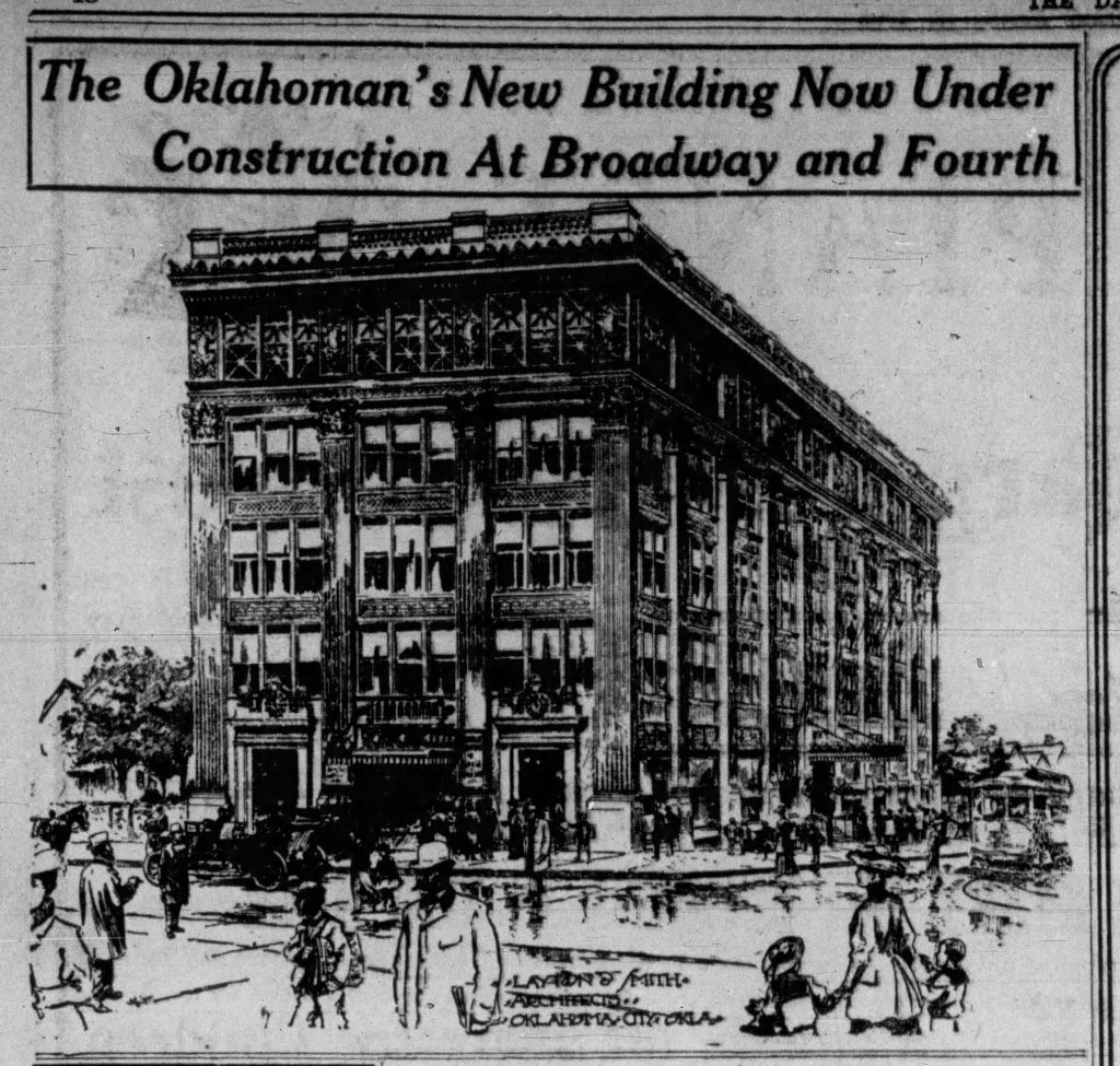 Illustration of The Oklahoman's new building under construction at the intersection of Broadway and Fourth, featuring a detailed architectural design and pedestrians on the street.
