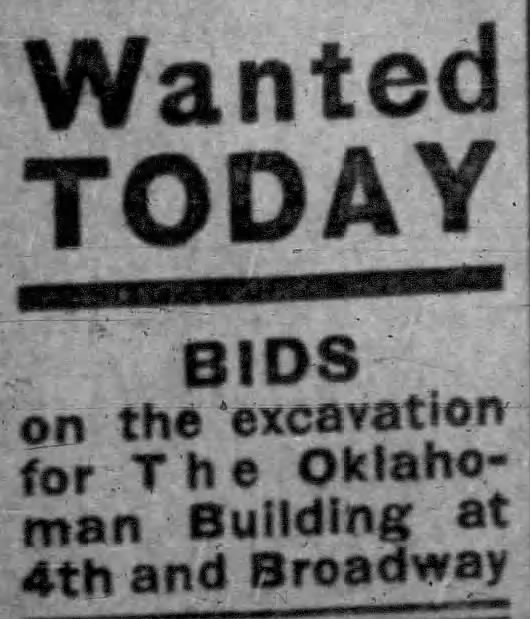 Vintage newspaper ad requesting bids for excavation work on The Oklahoman Building at 4th and Broadway.