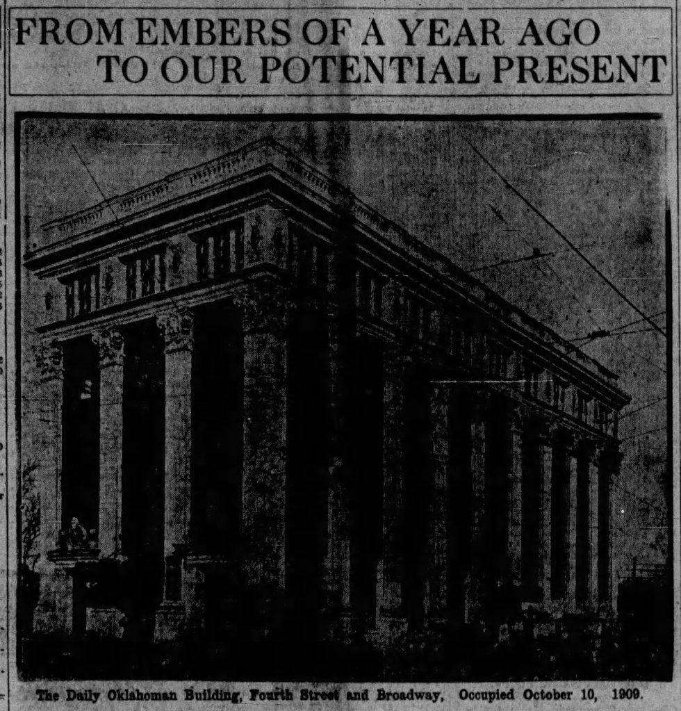 Historic photograph of The Daily Oklahoman Building, showcasing its architectural features and signifying its opening date of October 10, 1909.