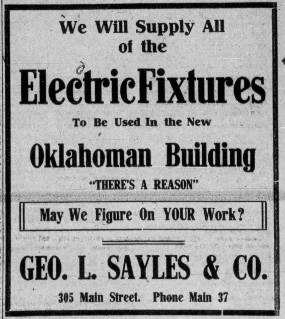 Advertisement for Geo. L. Sayles & Co. offering electric fixtures for the new Oklahoman Building, including contact information.