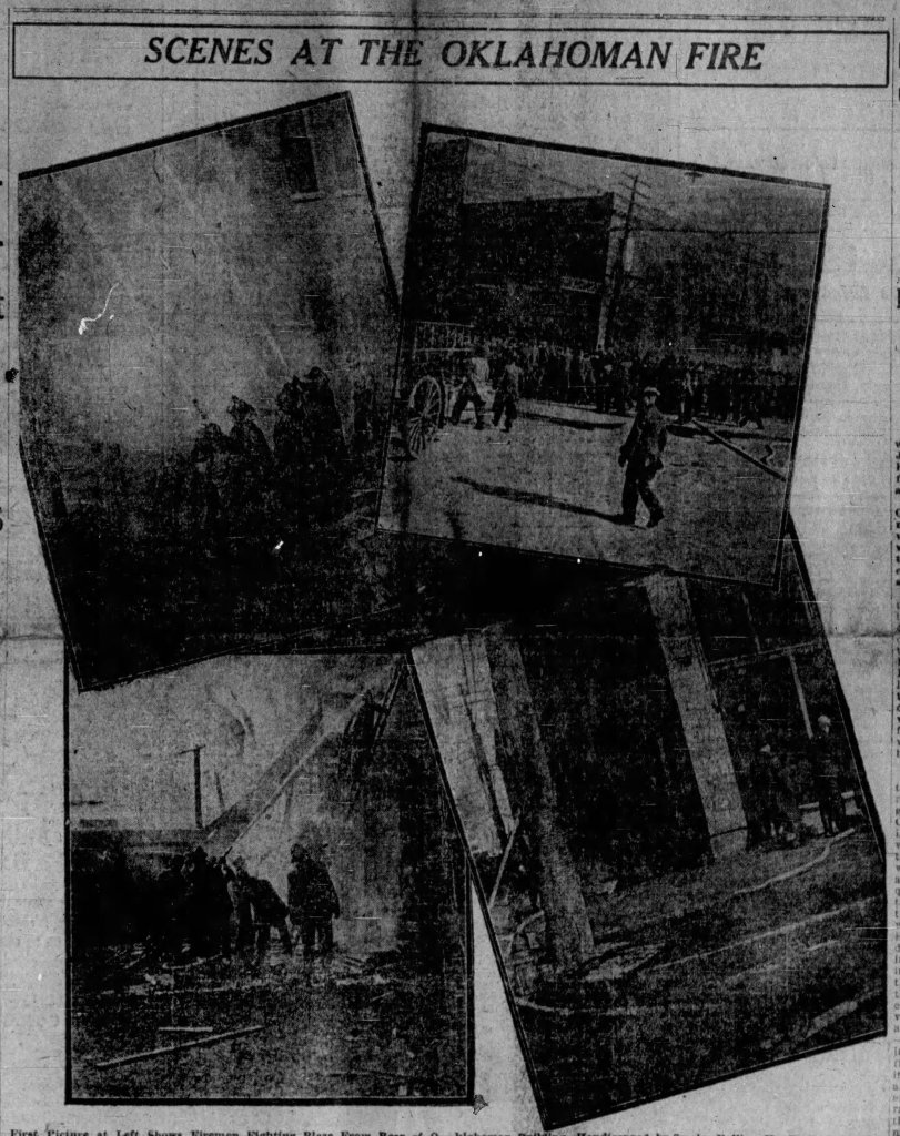 A collage of four images depicting scenes from the Oklahoman fire, featuring firefighters, smoke, and the aftermath of the blaze.