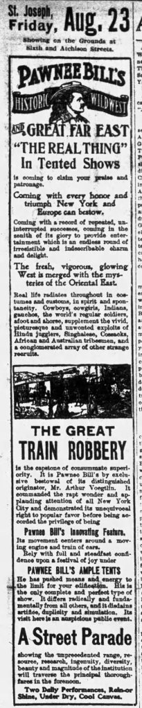 An advertisement for Pawnee Bill's Wild West show and Great Far East tented shows, showcasing a variety of attractions including the Great Train Robbery and a street parade, with details about the event timing and location.