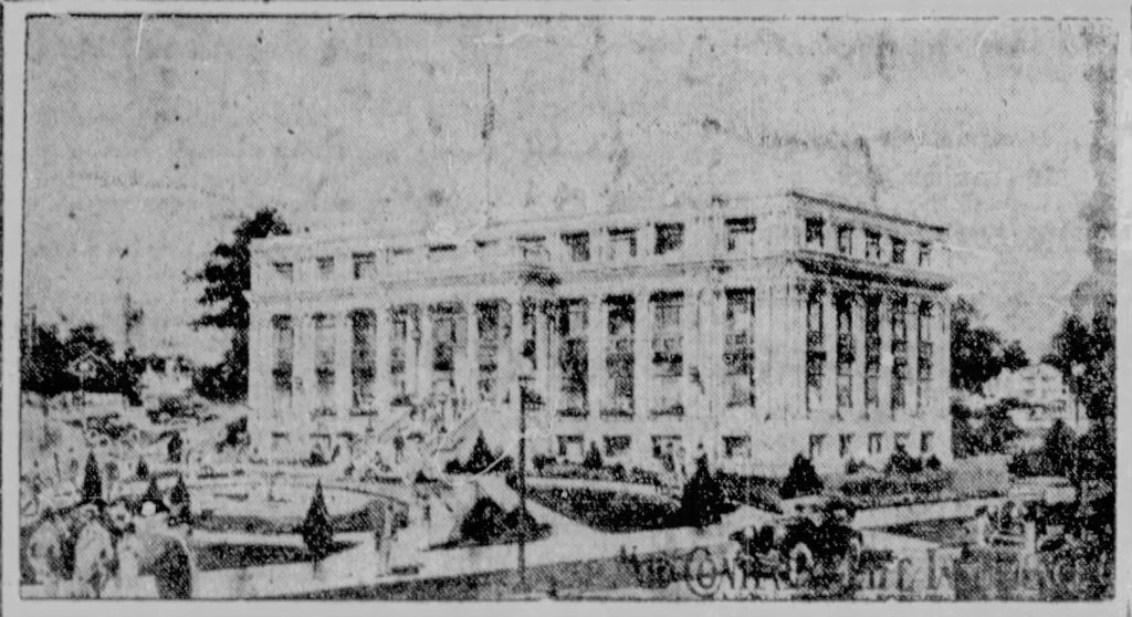 Historic building with a classical architectural style, surrounded by landscaped gardens and a crowd of people.