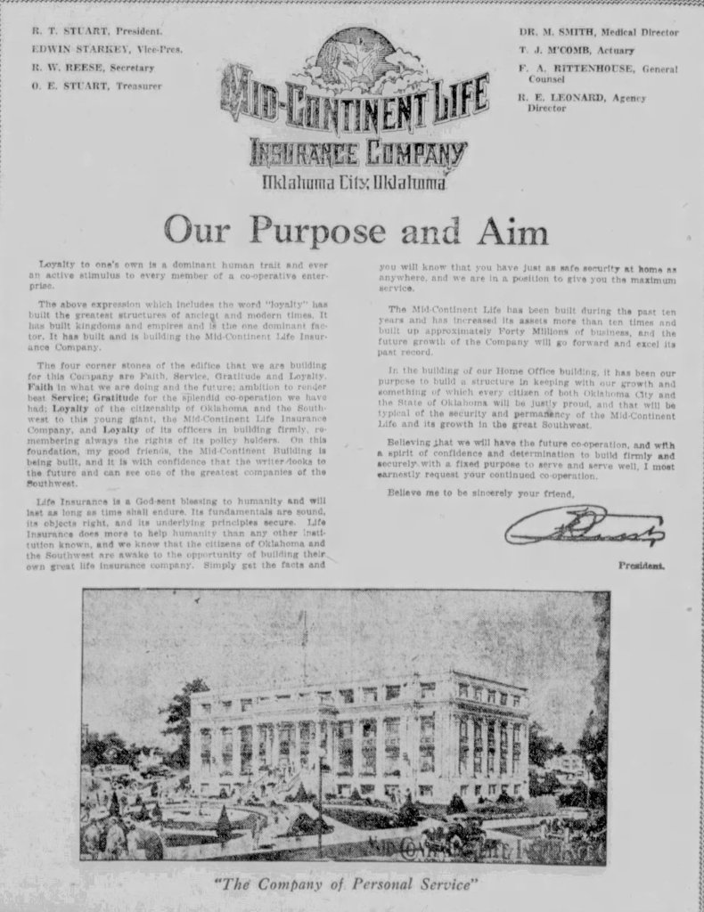 A vintage advertisement for the Mid-Continent Life Insurance Company, featuring the company's logo, a letter discussing its purpose and aims, and an illustration of the company building, located in Oklahoma City, Oklahoma.