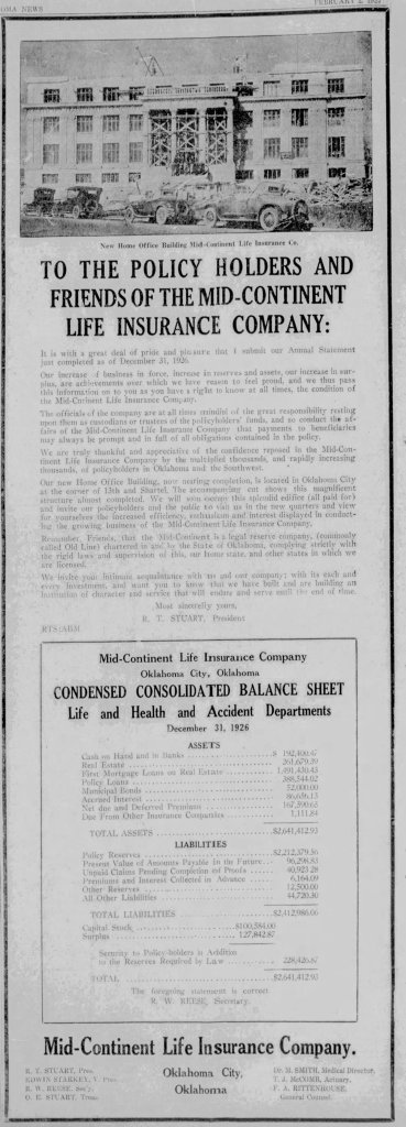 A historical financial statement from the Mid-Continent Life Insurance Company, dated December 31, 1926, featuring a photo of their new office building and outlining assets and liabilities.