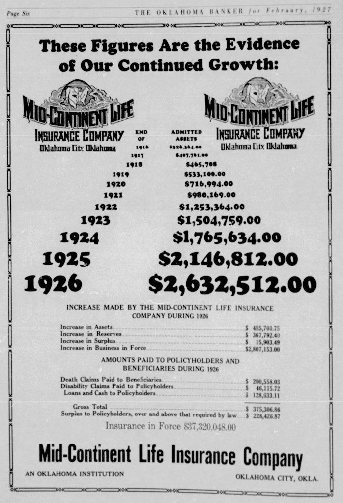 1930s advertisement displaying the growth statistics of Mid-Continent Life Insurance Company, including assets and amounts paid to policyholders from 1916 to 1926.