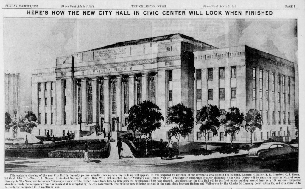 Illustration of the new City Hall design, showcasing the building's expected exterior and surrounding area in the Civic Center, dated March 8, 1936.