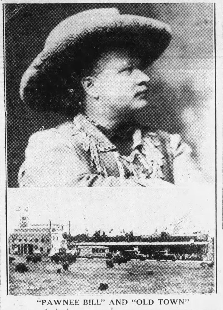 Portrait of a individual wearing a cowboy hat and fringed clothing, looking thoughtfully to the side, above an image of a historic townscape with buildings and open land.